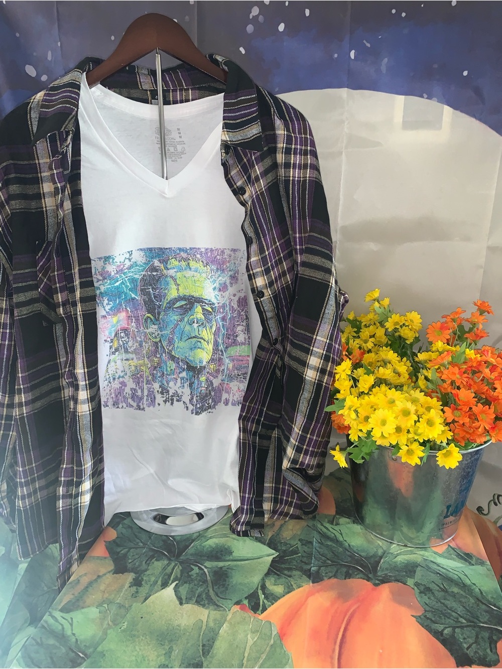 Plaid Purple/Black Flannel Shirt with White Graphic Tee
